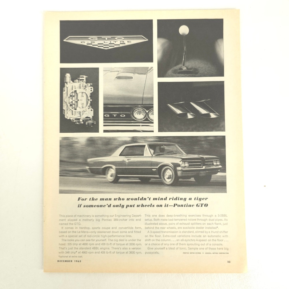 Pontiac GTO Print Ad Vintage Muscle Car Garage Wall Decor Promotional Display